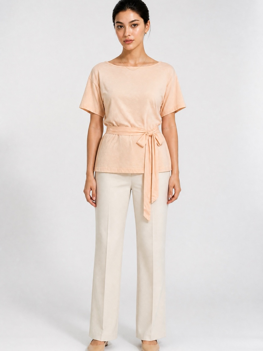 Zara Peach Short-Sleeve Belted Top